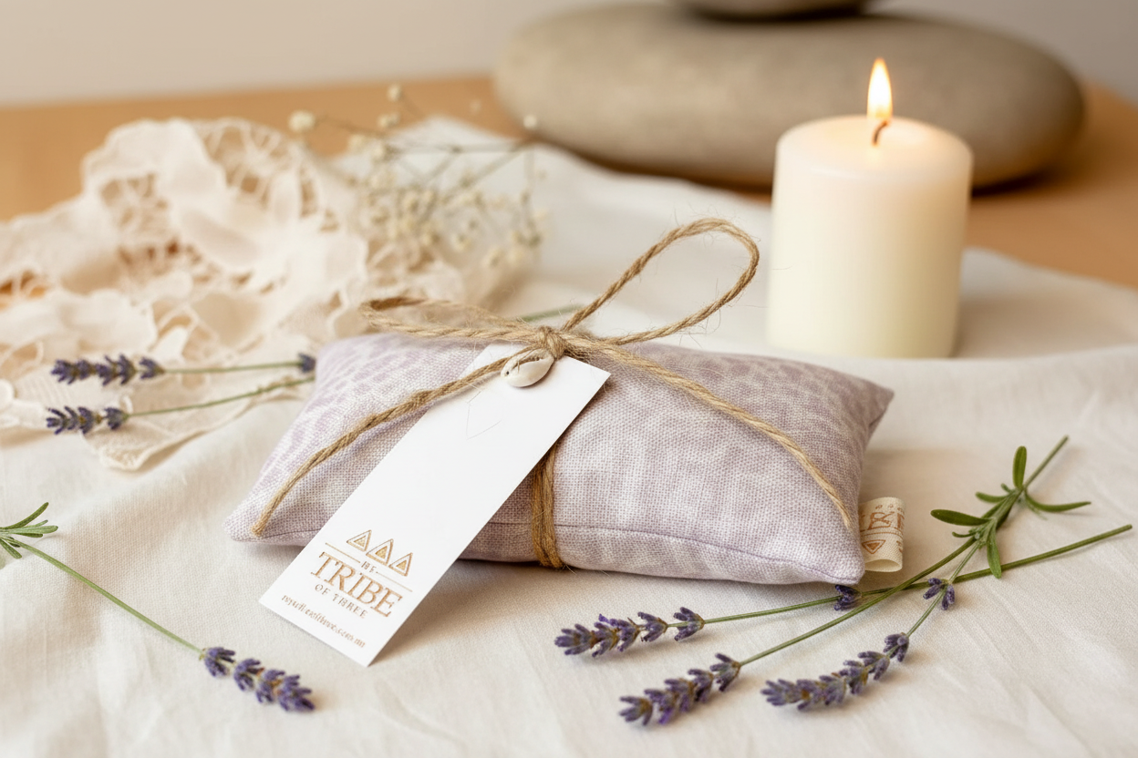 Lavender eye pillow in serene spa setting with fresh lavender and candles