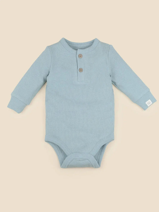Blue Organic Cotton Waffle Long-sleeve Bodysuit 000