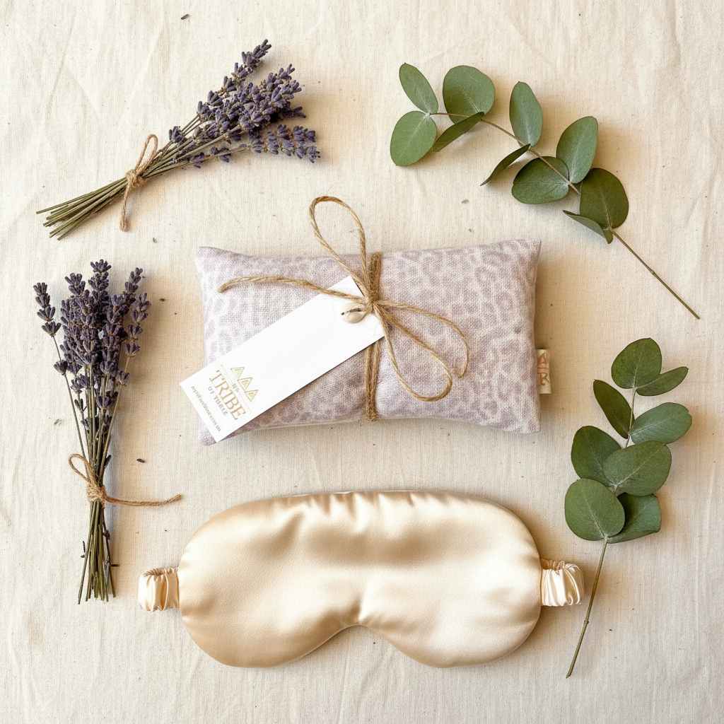 Premium lavender eye pillow flat lay with wellness elements and dried lavender