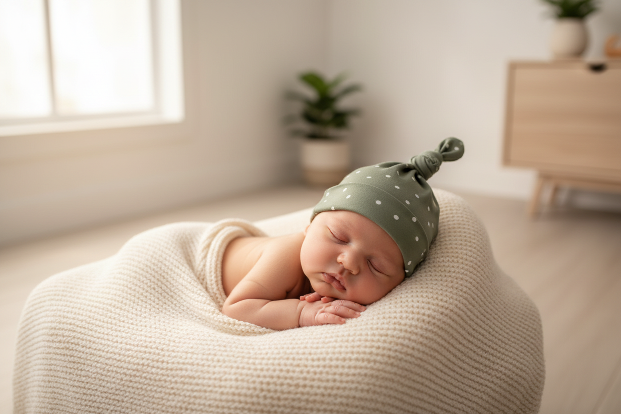 Newborn baby wearing olive spots wrap beanie in bright nursery