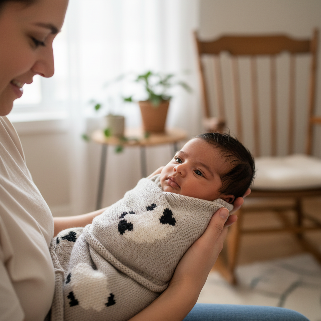Baby wrapped in sheep baby blanket being held by parent