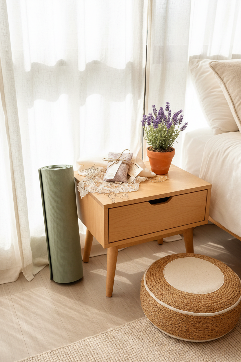 Lavender eye pillow as part of bedside wellness and yoga routine