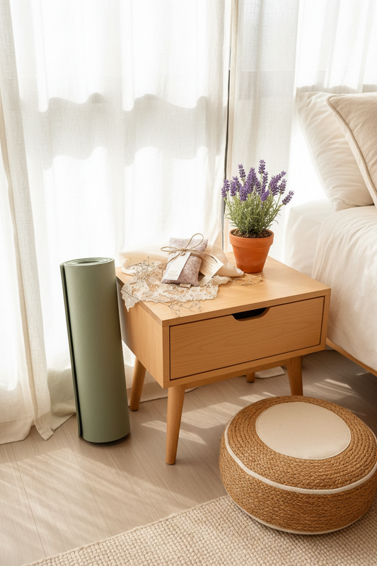 Lavender eye pillow as part of bedside wellness and yoga routine