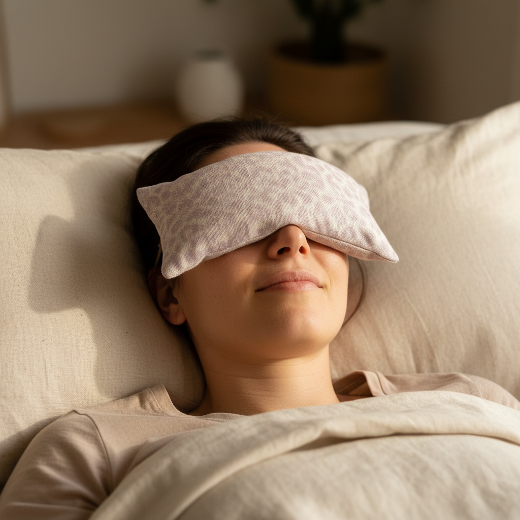 Person using lavender aromatherapy eye pillow during meditation and relaxation