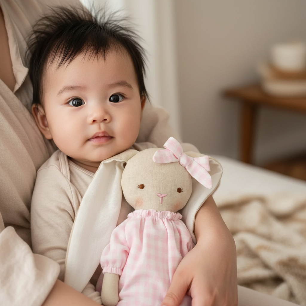 Baby with parent holding pink gingham bunny plush toy