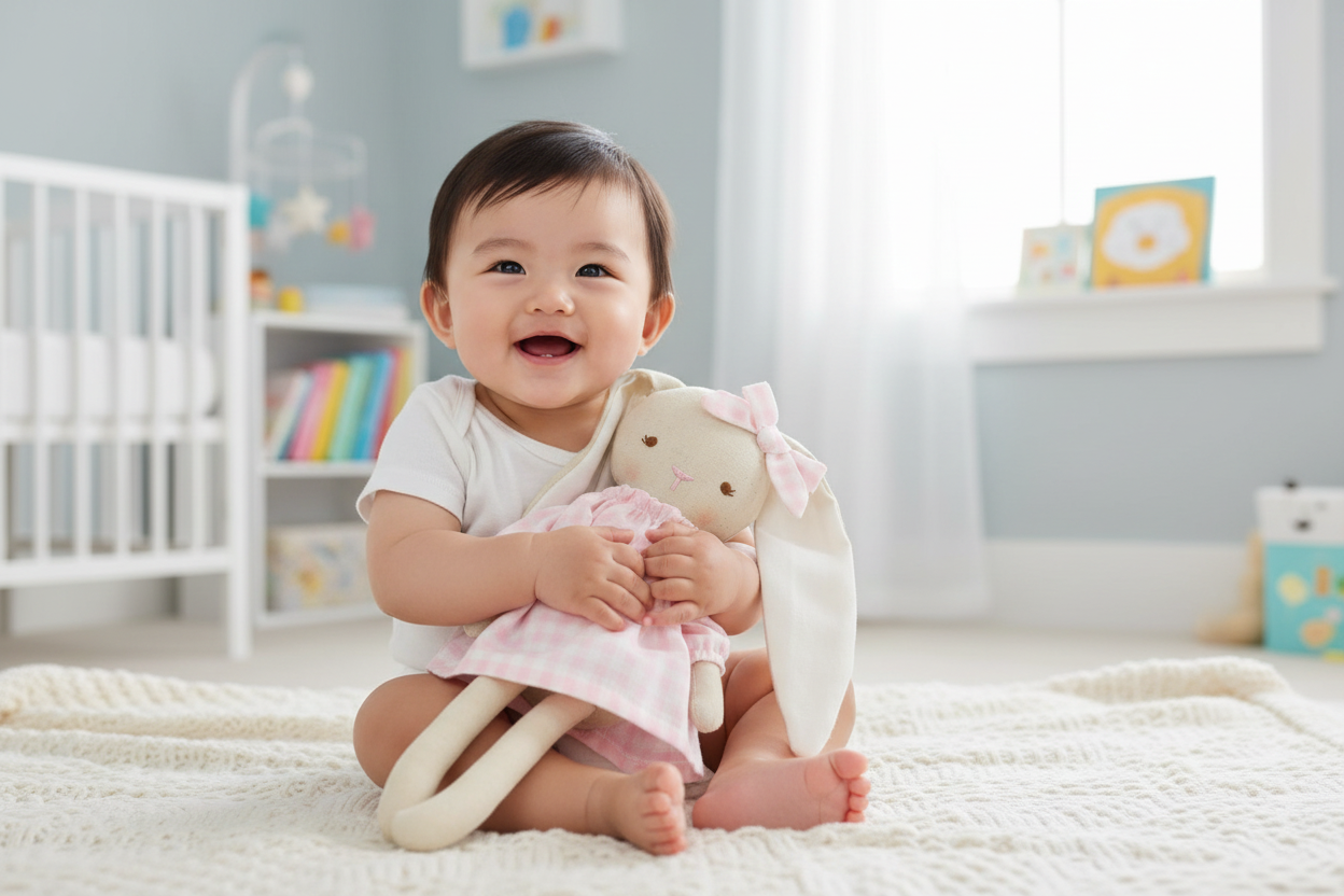 Baby cuddling pink gingham bunny soft toy in bright nursery