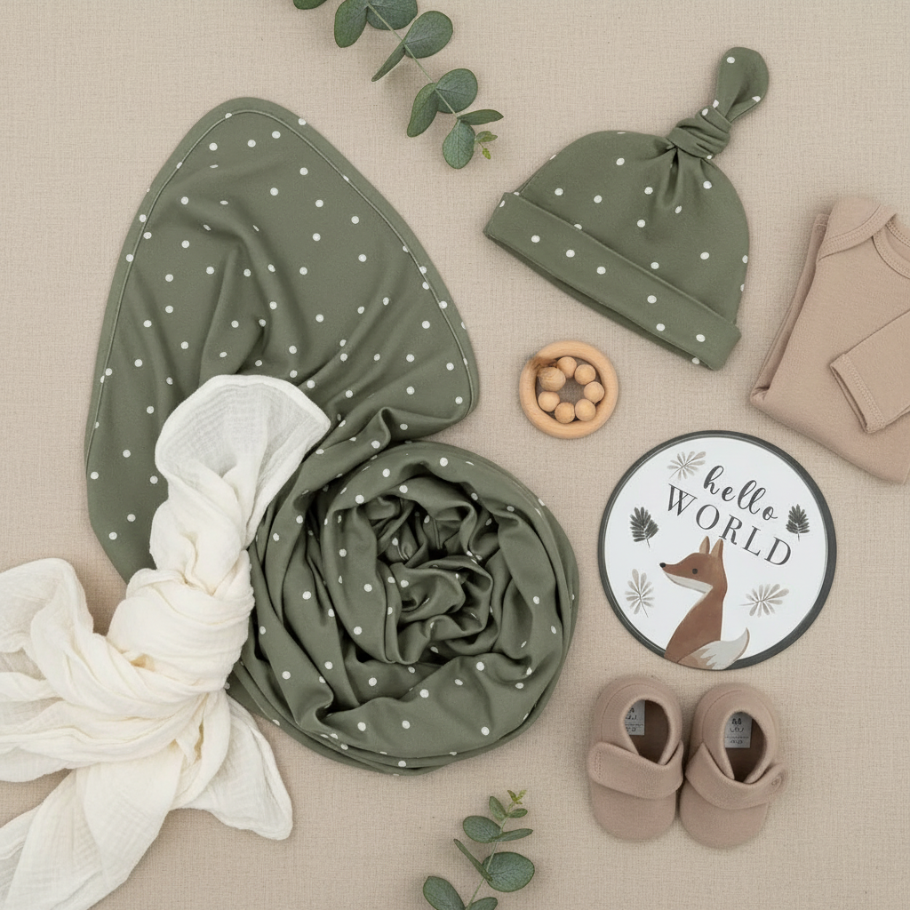Premium olive spots beanie flat lay with baby essentials