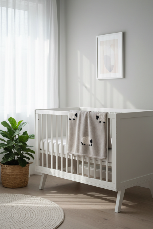 Sheep baby blanket draped over white crib in modern nursery