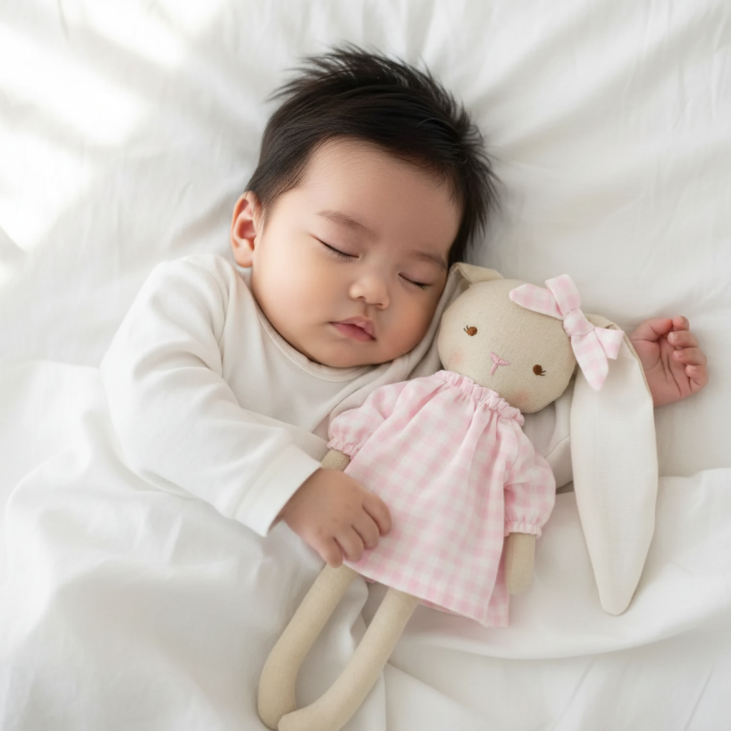 Baby sleeping peacefully with pink bunny soft toy
