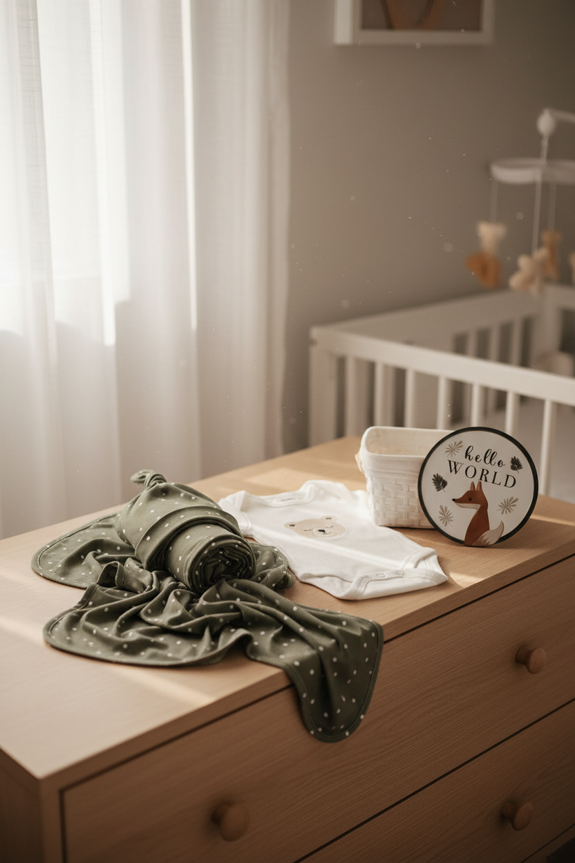 Olive spots beanie styled as part of baby gift set