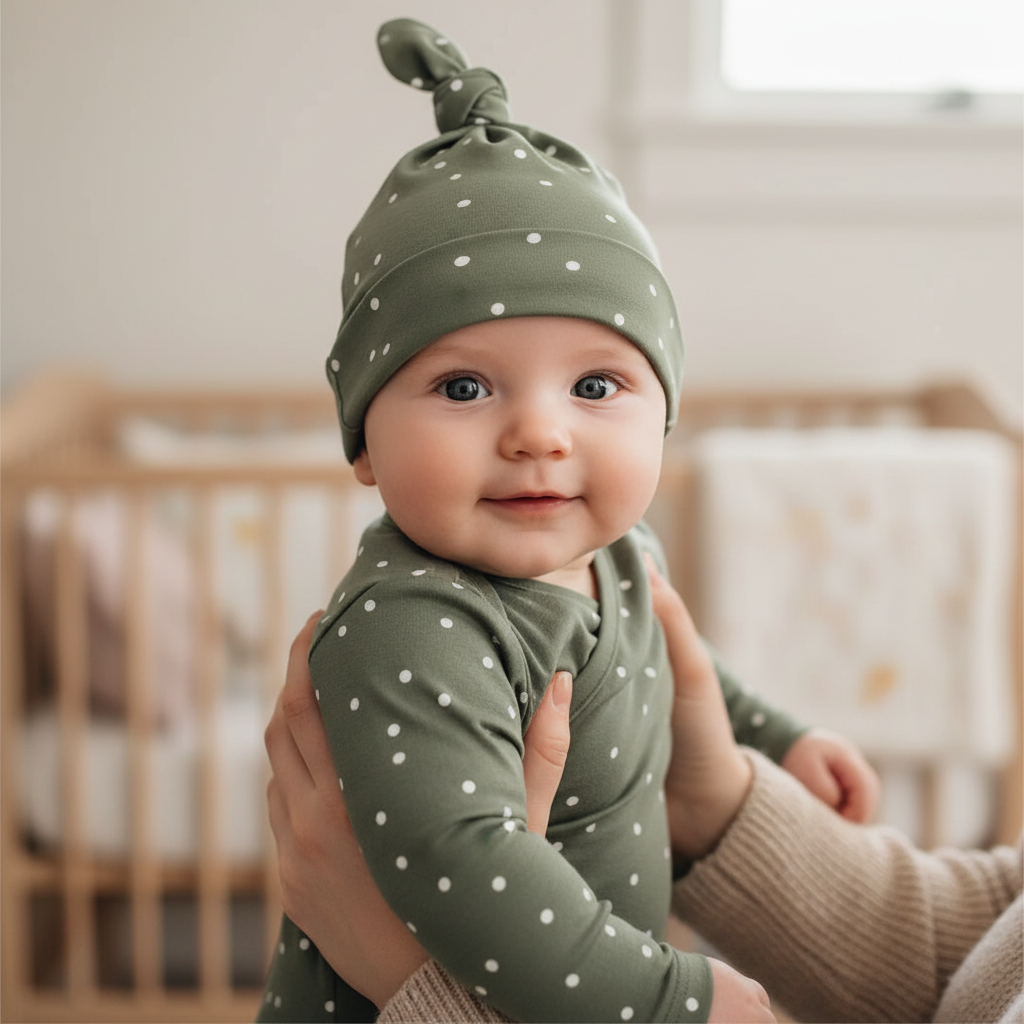 Close-up of baby with parent wearing soft olive spots beanie