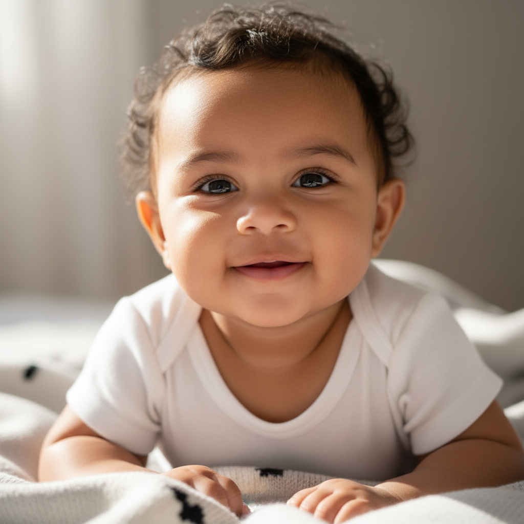 Baby during tummy time on sheep baby blanket showing soft texture