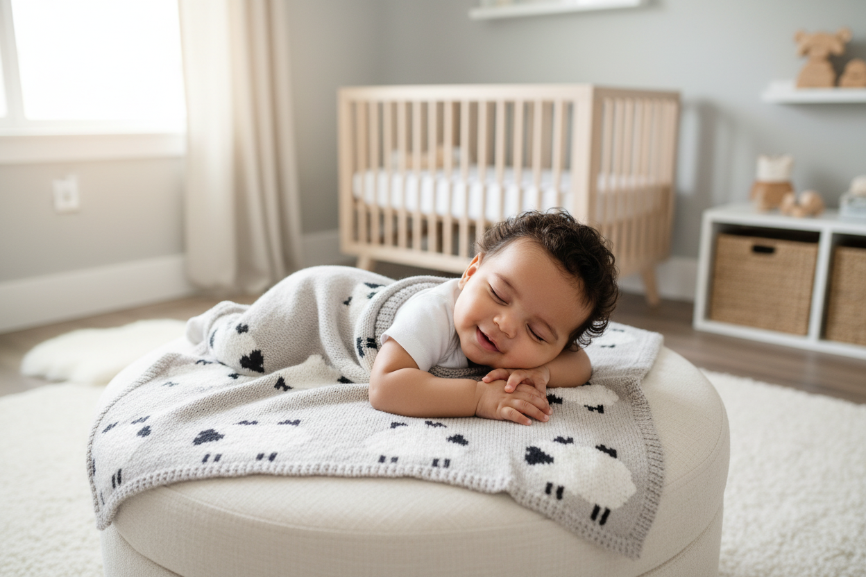 Baby lying peacefully on soft sheep baby blanket in bright nursery