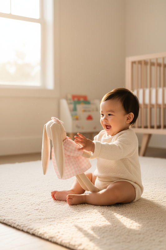 Baby reaching for pink gingham bunny toy with delight